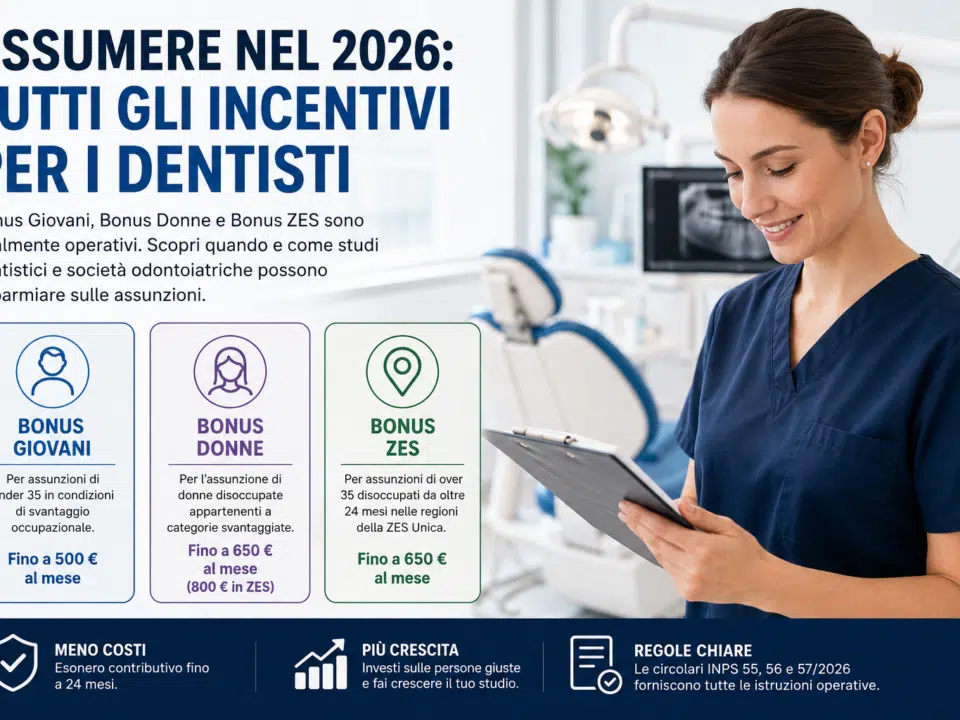 Professionista odontoiatrica in uno studio dentistico moderno accanto a una grafica informativa sui Bonus Giovani, Bonus Donne e Bonus ZES 2026 per le assunzioni agevolate negli studi dentistici e nelle società odontoiatriche