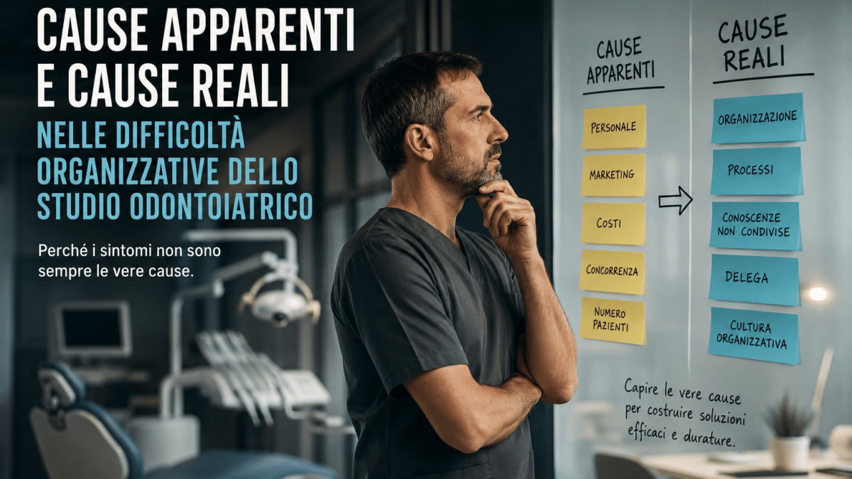 Dentista osserva una lavagna che confronta le cause apparenti e le cause reali delle difficoltà organizzative di uno studio odontoiatrico, evidenziando temi come personale, marketing, processi, delega e cultura organizzativa