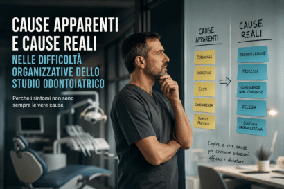 Dentista osserva una lavagna che confronta le cause apparenti e le cause reali delle difficoltà organizzative di uno studio odontoiatrico, evidenziando temi come personale, marketing, processi, delega e cultura organizzativa