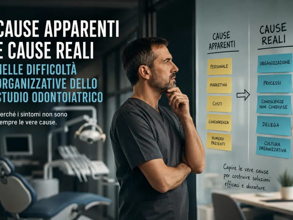 Dentista osserva una lavagna che confronta le cause apparenti e le cause reali delle difficoltà organizzative di uno studio odontoiatrico, evidenziando temi come personale, marketing, processi, delega e cultura organizzativa