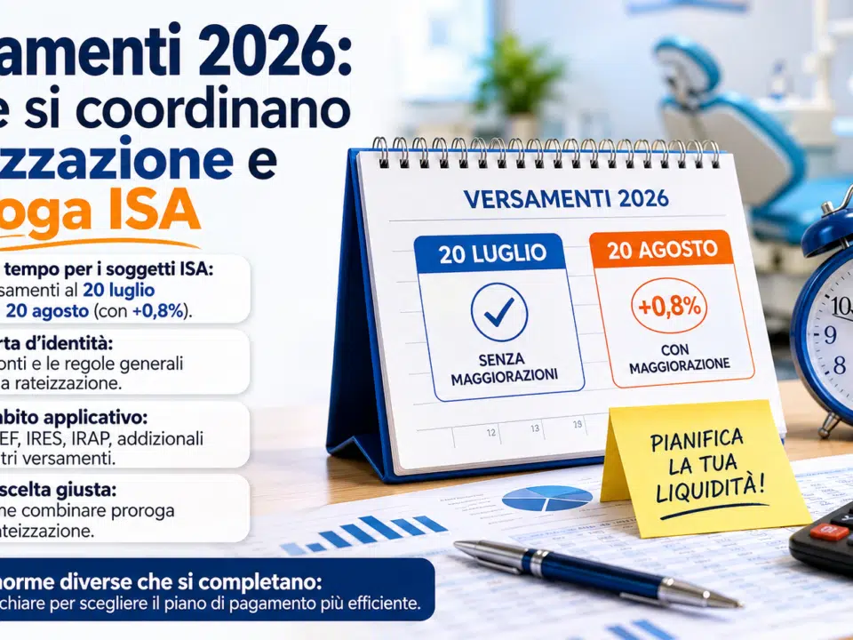 Infografica sui versamenti fiscali 2026 per dentisti e società odontoiatriche con scadenze ISA del 20 luglio e 20 agosto, regole di rateizzazione delle imposte e pianificazione della liquidità aziendale