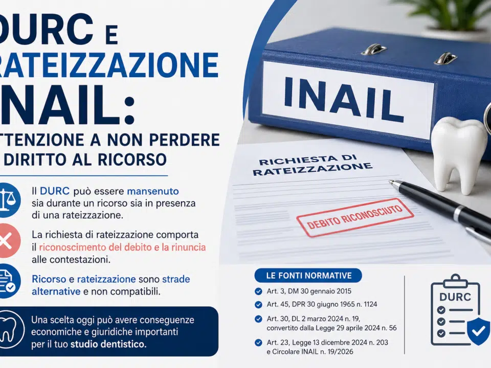 Infografica su DURC e rateizzazione INAIL con fascicolo INAIL, richiesta di rateizzazione e riferimenti normativi. La grafica spiega che la rateizzazione consente di mantenere il DURC ma comporta il riconoscimento del debito e la rinuncia al ricorso, con possibili effetti per studi dentistici e società odontoiatriche
