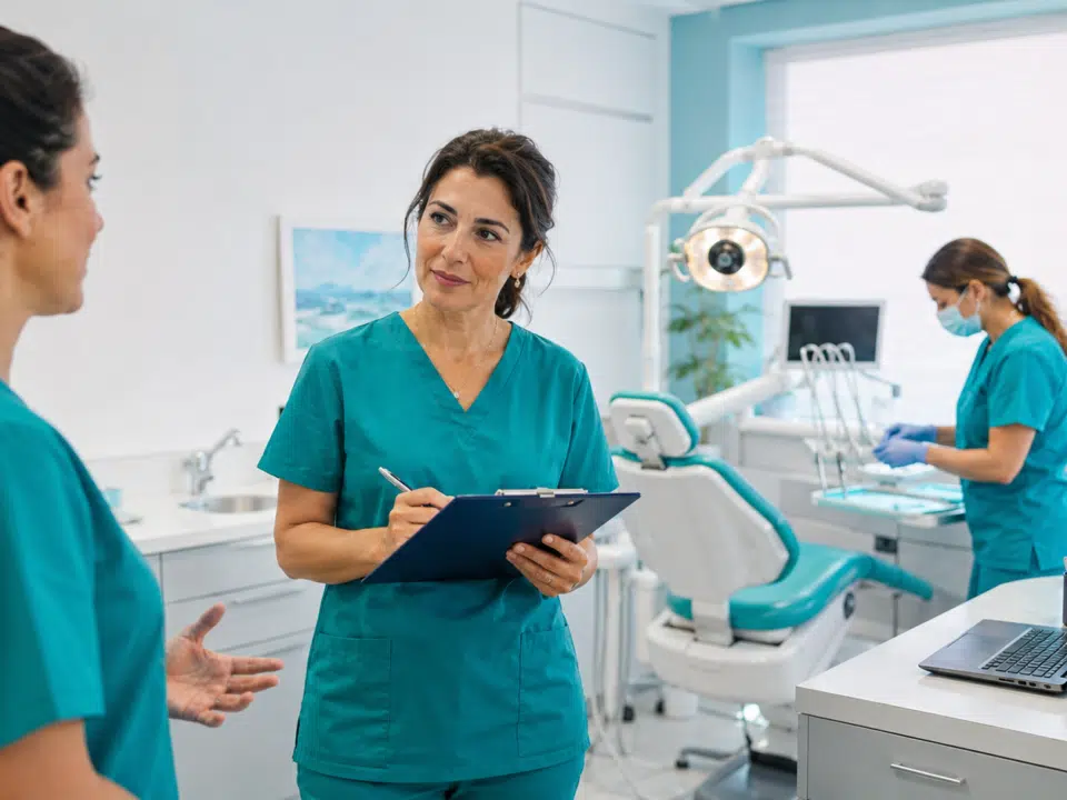 Coordinatrice di una clinica odontoiatrica ascolta una collega mentre vigila sulle procedure di sicurezza.