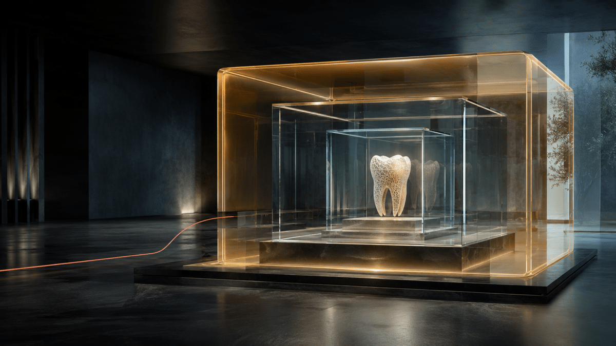 Dente luminoso protetto da strutture trasparenti sovrapposte che rappresentano SRL odontoiatrica, holding e trust.