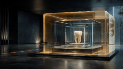 Dente luminoso protetto da strutture trasparenti sovrapposte che rappresentano SRL odontoiatrica, holding e trust.