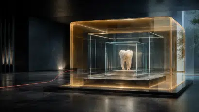 Dente luminoso protetto da strutture trasparenti sovrapposte che rappresentano SRL odontoiatrica, holding e trust.