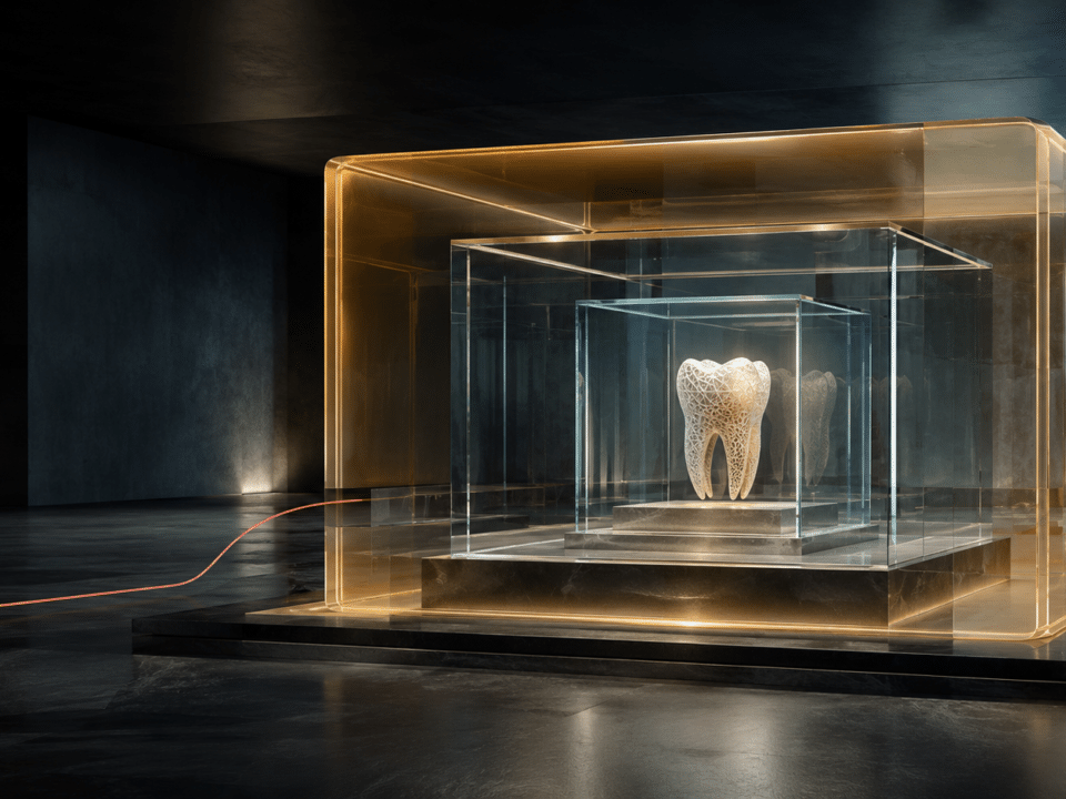 Dente luminoso protetto da strutture trasparenti sovrapposte che rappresentano SRL odontoiatrica, holding e trust.