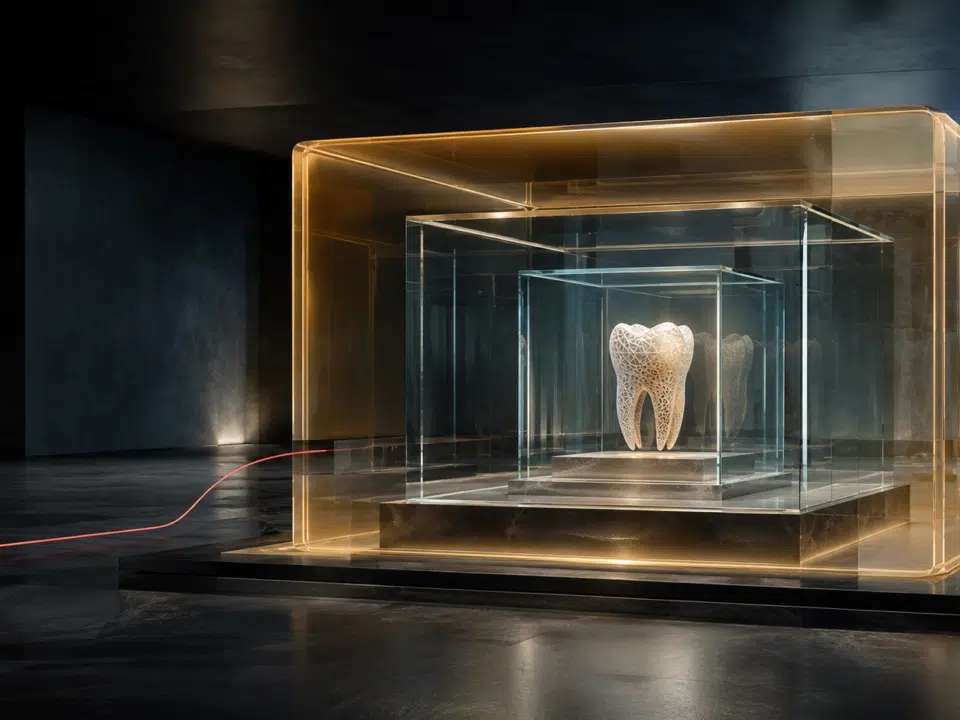 Dente luminoso protetto da strutture trasparenti sovrapposte che rappresentano SRL odontoiatrica, holding e trust.